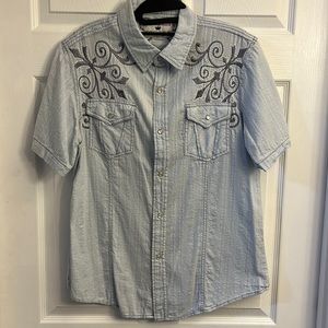 🔥Pop Icon-blue-short sleeve pearl snap with awesome detailing in grey-Large